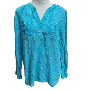 Talbots Women’s Large Linen Blue Blouse Front Pockets V-neck Longer Back